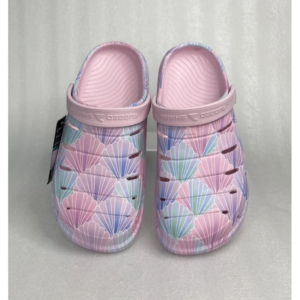Rugged Shark Eva Shell Print Pink Clogs Slip on Sandals Big Girls Size 6 NEW